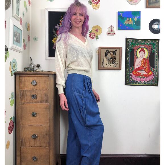 Vintage Pleated Baggy Jeans, High Waisted Tapered Leg Denim Trousers Sz S - Picture 3 of 10